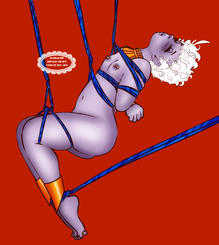 Hypnos from Hades Game, suspended in the air with blue rope, arms behind his back. His head is tilted bak, as he's sleeping.