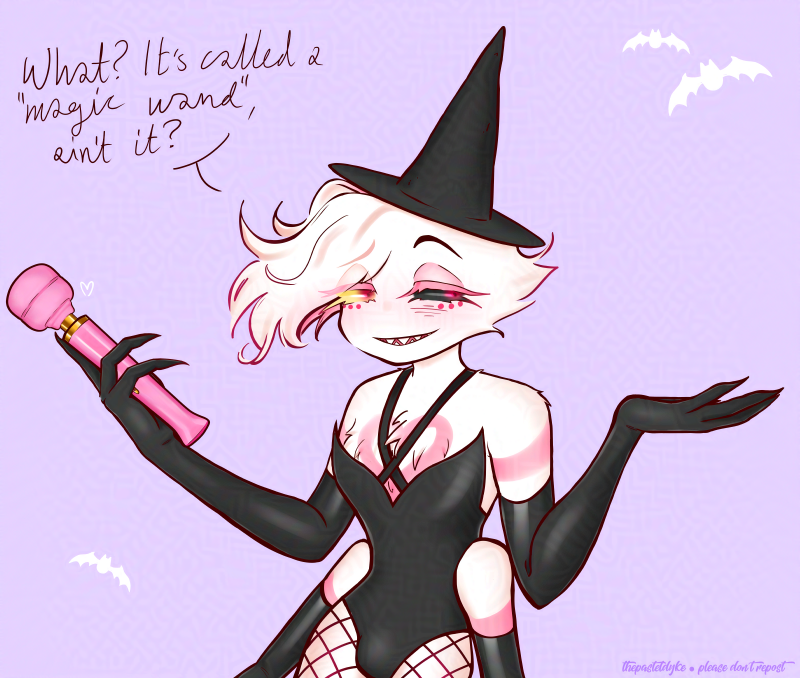 Angel Dust from Hazbin Hotel in a black body suit and witches hat, holding a pink magic wand vibrator in one of his hands. Text next to him reads 'What? It's called a 'magic wand', ain't it?'