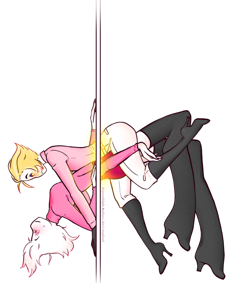 A digital drawing of Angel and Lucifer from Hazbin Hotel, both stuck in a wall, Lucifer on top of Angel, straddlnig him.