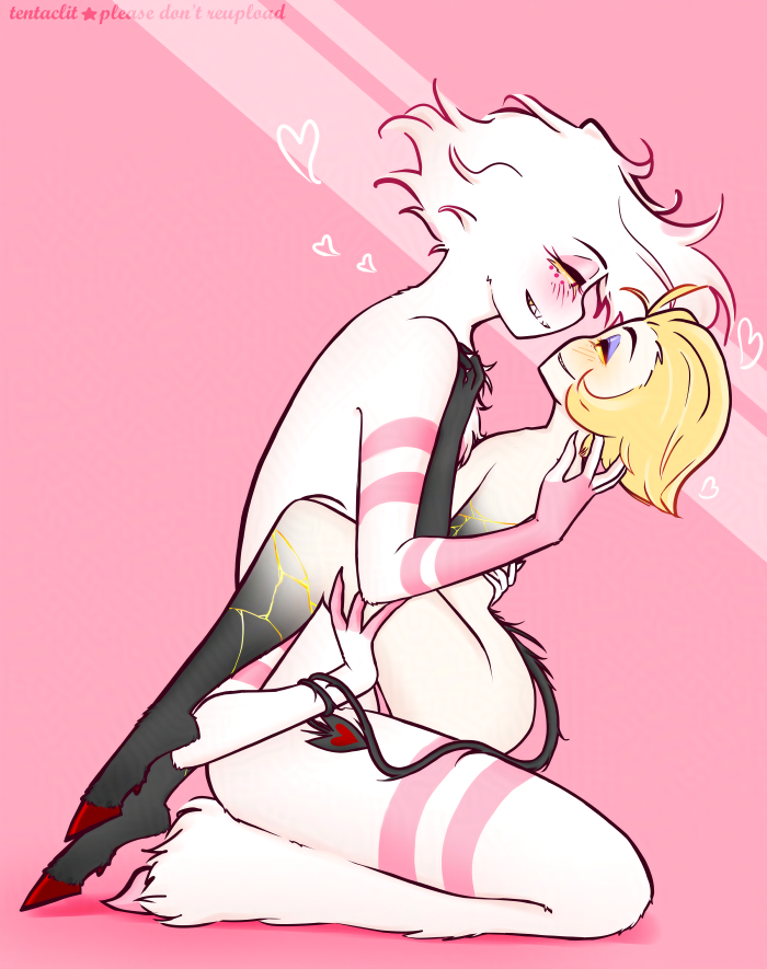 Digital drawing of Lucifer and Angel from Hazbin Hotel. Both are naked, seen from the side. Angel is sitting on his knees on the ground, Lucifer sitting in Angel's lap. One of Angel's hands on the side facing the screen is on the underside of Lucifer's thigh, the other grazing his hair. One hand on the other side of him is on Lucifer's back. Lucifer's visible hand is on Angel's chest. Angel is grinning slightly, while Lucifer is wearing a slightly smaller grin. They're looking into each other's eyes.