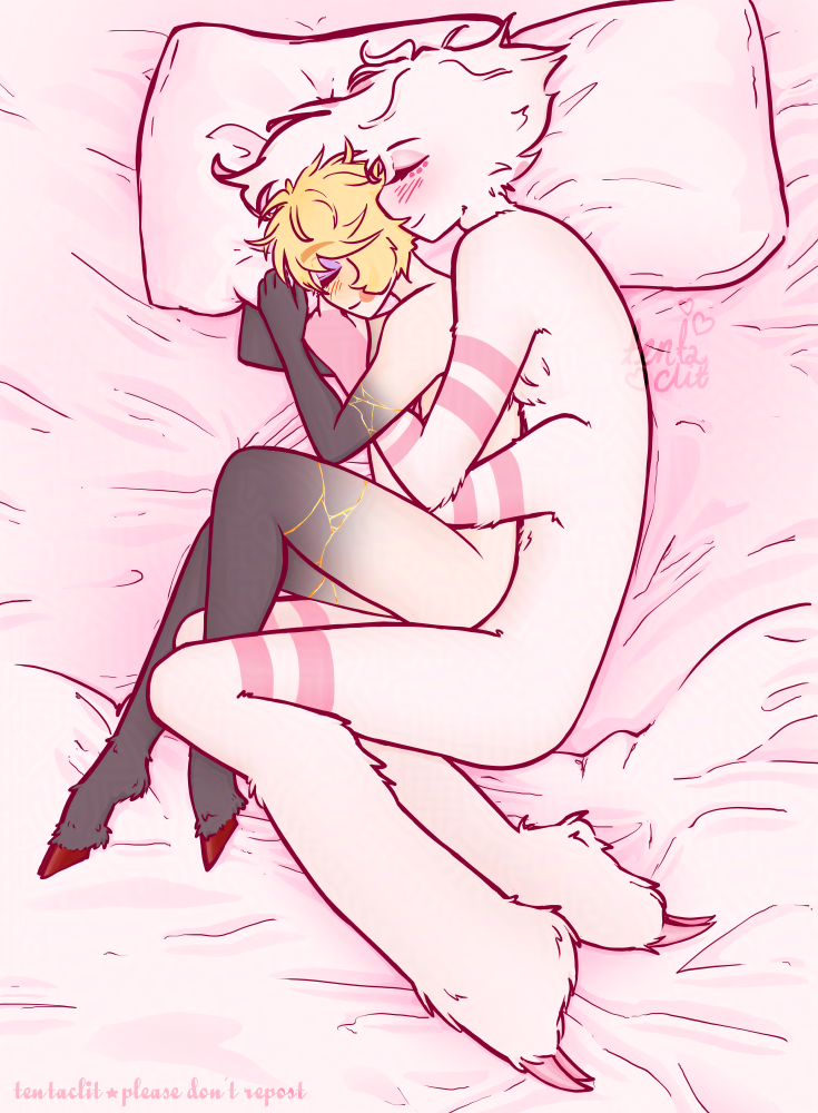 Digital full-body drawing of Lucifer and Angel Dust from Hazbin Hotel, naked, curled up on their sides, Angel spooning Lucifer.
