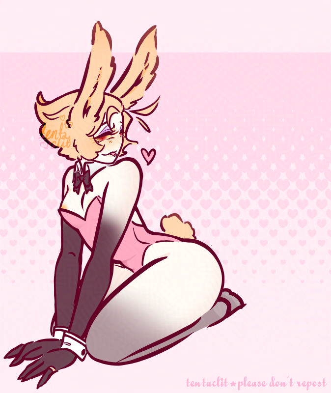 Lucifer from Hazbin Hotel sitting on his knees with his hands on the ground in front of him, looking over his shoulder, sticking out his tongue. He's wearing a pink bunny suit, has bunny ears and tail with one of his nipples out. He has boobs.