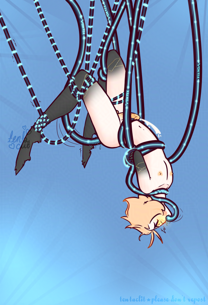 Lucifer strung up upside down by Vox's cables, getting fucked by thick cables both in the ass and in the mouth as Lucifer cums.