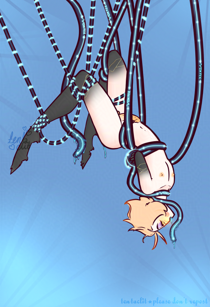 A follow-up to the previous pictures, the thick cables now no longer inside of him, dripping with white goo. His mouth and ass are dripping with that same blue goo, his stomach stained with his own cum.