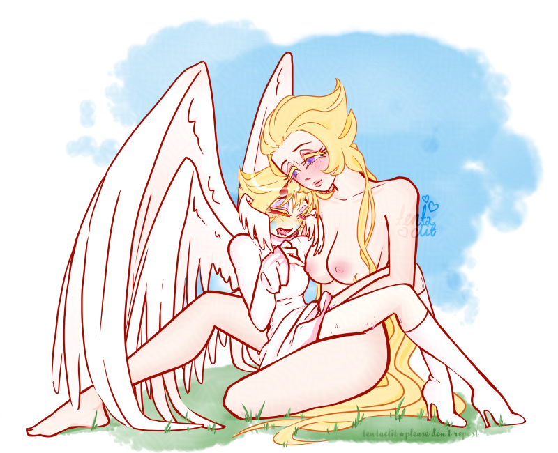 Lucifer and Lilith from Hazbin Hotel, Lucifer pre-fall, wearing a white dress with pink details and white boots as he sits on Lilith's lap. Lilith is naked, her hand up Lucifer's dress, fingering him. The tip of Lucifer's tongue is starting to fork, one of his eyes the red and yellow of his demonic form, one single horn starting to sprout from his forehead.