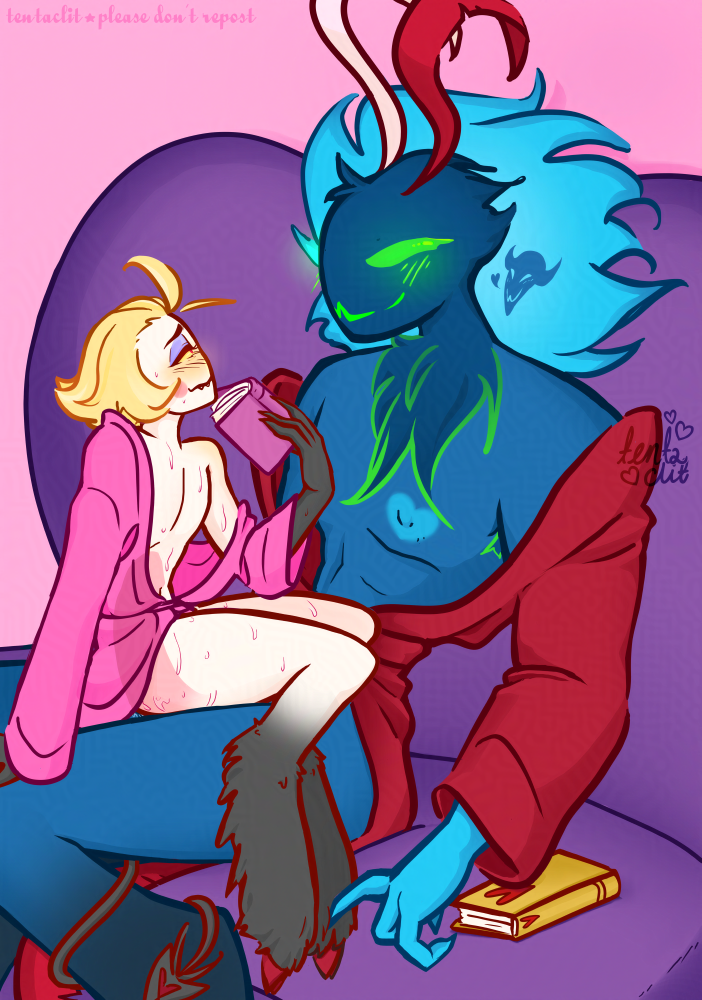 The same image as the previous one, but you can see the outline of Ozzie's dick inside Lucifer.