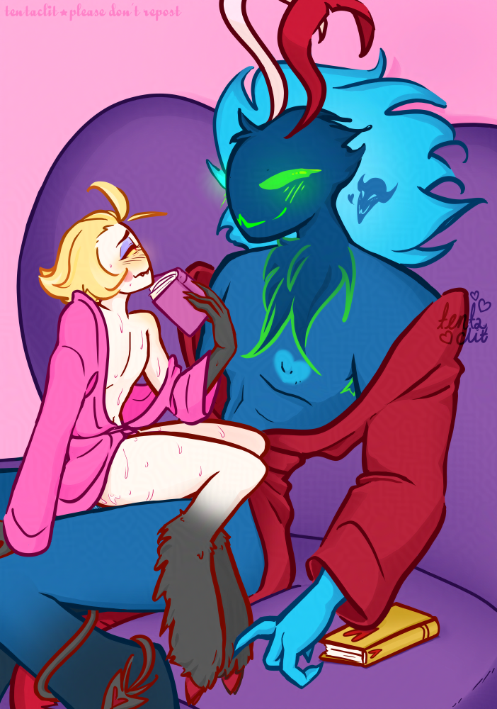 Lucifer and Asmodeus from Hazbin Hotel and Helluva Boss, both wearing robes. Lucifer sits in Ozzie's lap, a book in his hand, though he's looking at Ozzie, sweating profusely. Ozzie's claw is touching the fur of Lucifer's lower legs, a closed book next to him.