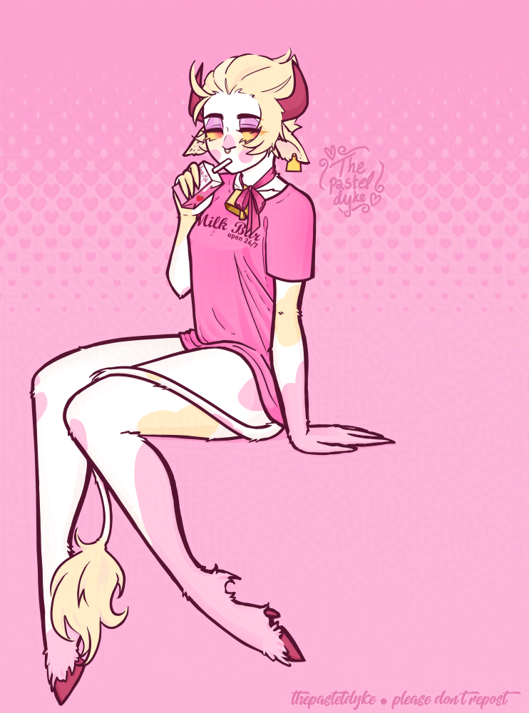 Digital drawing of Lucifer from Hazbin Hotel as a cow with pink and blond spots wearing a pink t-shirt with the text 'milk bar, open 24/7' on it, drinking apple milk with a straw out of a small carton box.