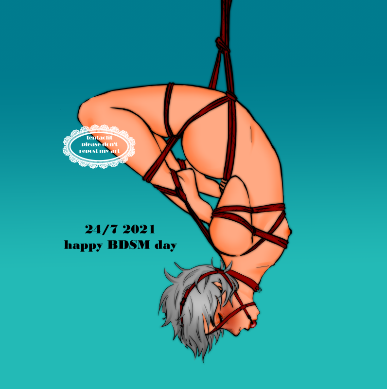 Kyousuke suspended upside down with red rope, a ballgag in his mouth. Text next to him reads' 24/7 2021 happy BDSM day'. His eyes are closed.