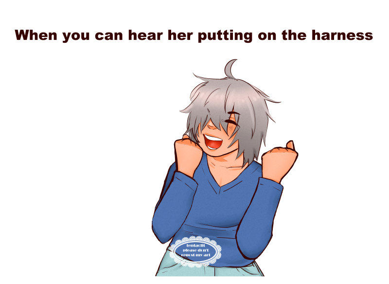 Kyousuke pumping his fists, looking excited. Text above him reads 'when you can hear her putting on the harness'.