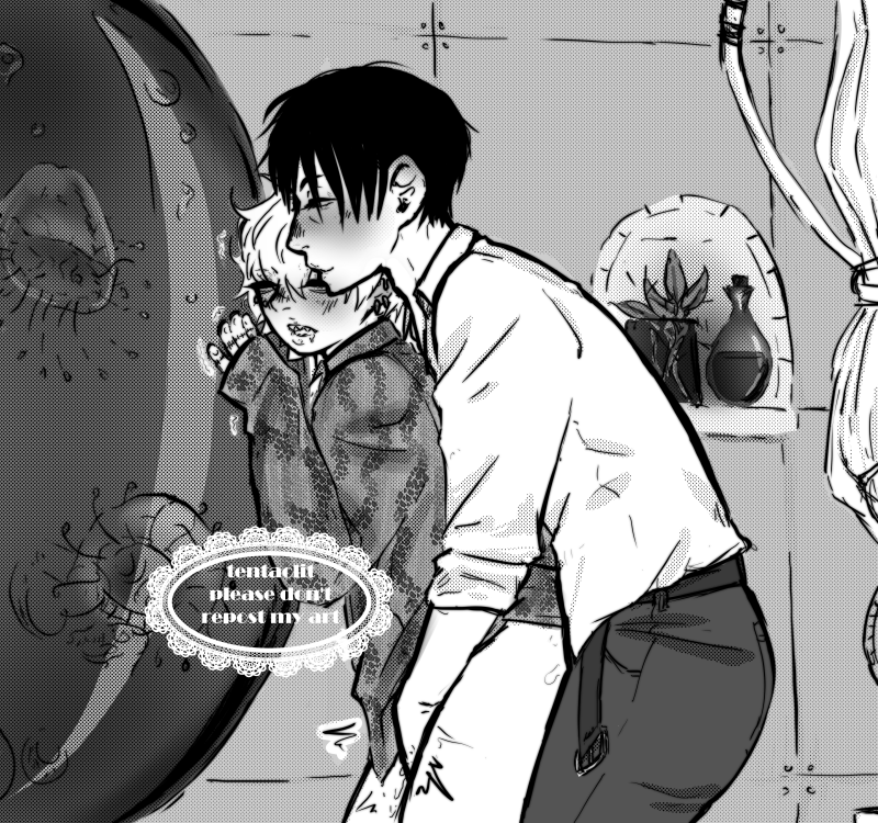 Doodle of Maeda and Takeuchi. Maeda is standing behind Takeuchi, who is propped up against his jellyfish tank in his workroom, arms against the glass. Takeuchi's hair is down, and he's dressed in only his buttonup shirt, while Maeda is fully dressed, his belt unbuckled as he fucks Takeuchi and fingers him at the same time.