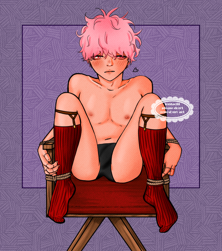 Takeuchi, hair down, naked aside from underwear, socks and sockgarters, feet on the seat of a desk chair. His wrists and ankles are all tied to the armrests of the chair. He's blushing. 