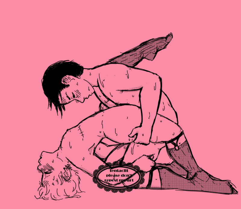 Doodle of Maeda and Takeuchi. They're both naked aside from socks and sock garters. One of Takeuchi's legs is slung over Maeda's shoulder, Maeda holding on to him where his other leg meets the ass, holding him up off the ground. Takeuchiis gripping Maeda tightly by the thigh. Both their eyes are closed as Maeda fucks Takeuchi.