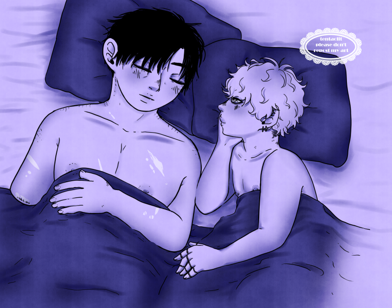 The first image in a sequence of three images. Maeda is sleeping on his back, eyes closed, looking peaceful. Takeuchi is lying on his side, cheek resting on his hand as he watches Maeda sleep. They're both naked, covered by a blanket, pillows under their heads.