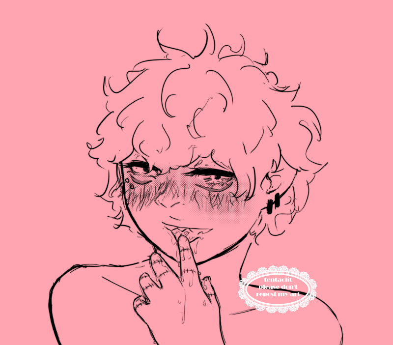 Doodle of Takeuchi with his hair down, sans eyepatch, from the shoulders up. He's looking off to the side as he licks his finger, finger and mouth sticky with cum.
