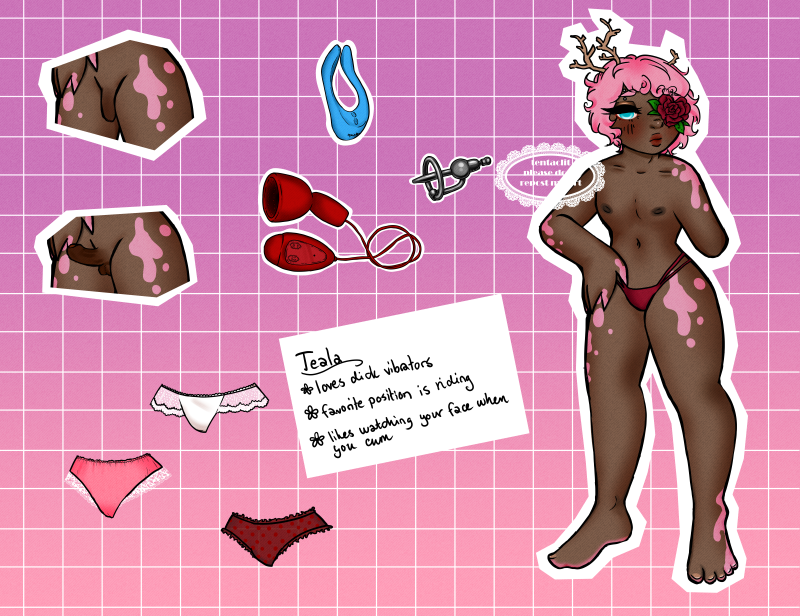 Character name: Teala. Character with brown skin with pink spots and pink hair, branches growing out of his hair. Instead of a left eye is a red heartshaped rose. His left arm ends above the elbow. This is a sort of character sheet with Teala on the right, dressed in only underwear. To the left are closeups of Teala's dick when soft and when hard. To the lower left there are three sets of underwear, one white and lacy, one pink with white lace, one red with frills along the edges. In the top center are different sex toys, two being vibrators of different kinds, the last being meant for docking. A textbox reads 'Teala, loves dick vibrators, favorite position is riding, likes watching your face when you cum'.