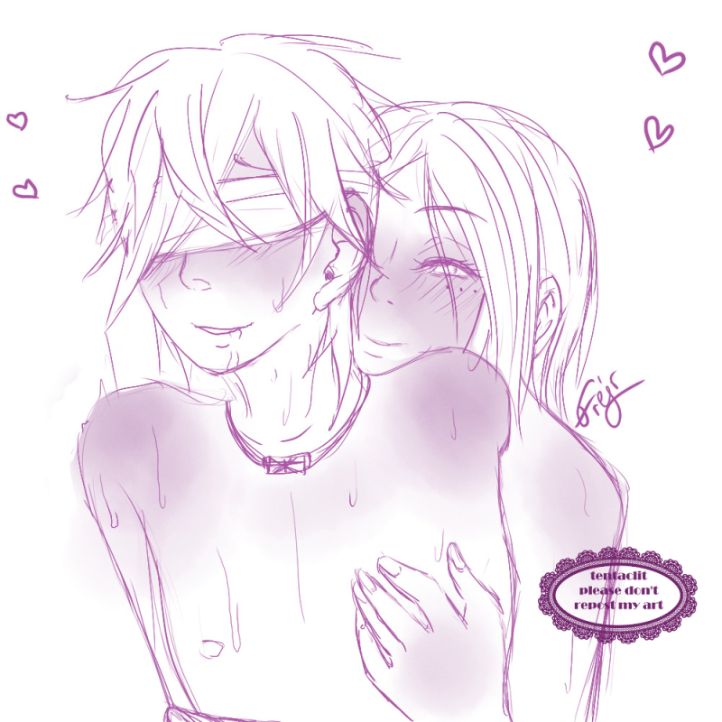 Doodle of Botan and Hirari from Donten ni Warau/Utakata ni Warau. Botan is behind Hirari, who has a blindfold covering his eyes. One of Botan's hands is on Hirari's chest, Hirari looking extremely flushed, body jerking. Botan is looking flushed and smiling behind him.