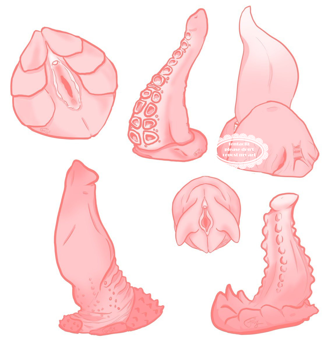 A bunch of monster themed sex toys in pink, ranging from dildos to tongues and sleeves.