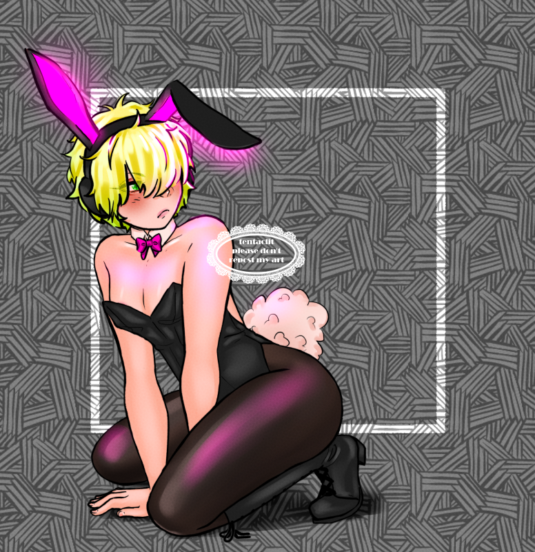 Hassaku from Shuugoku Elite wearing a bunny girl outfit, looking very grumpy.