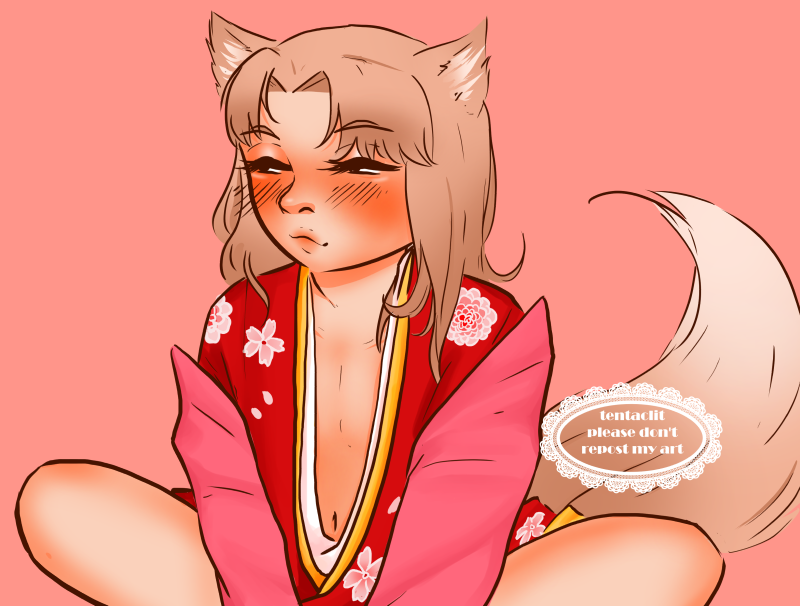 Reimei from Elegant Youkai Apartment Life, dressed in a kimono that's coming undone due to a lack of an obi. His hair is down, and he has a tail and foxears. He's looking off to the side, face flushed, smiling, lips slightly pursed.