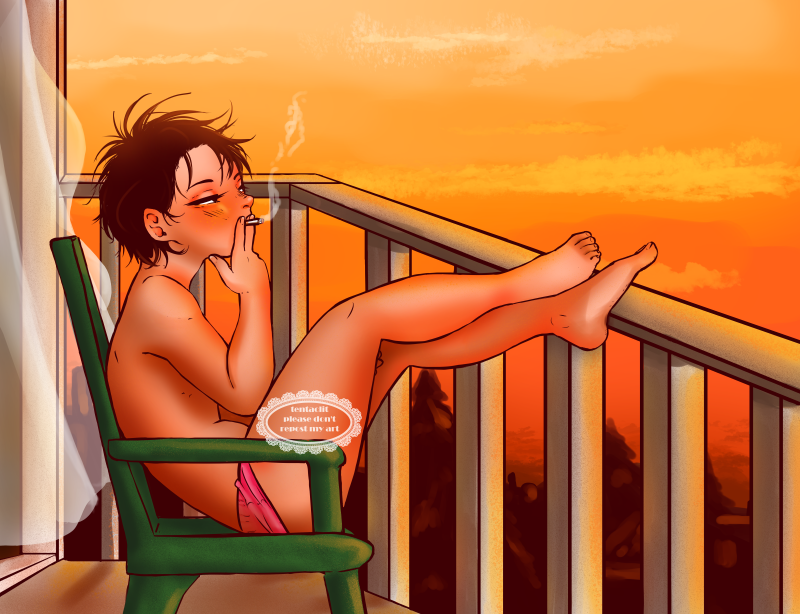 Momo, sitting on a balcony, lit by the sunset. He has his feet up on the railing of the balcony, sitting on a chair, smoking. He looks out over the landscape.