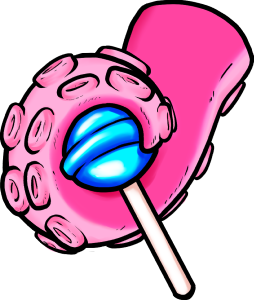 pink tentacle wrapped around a blue lollipop